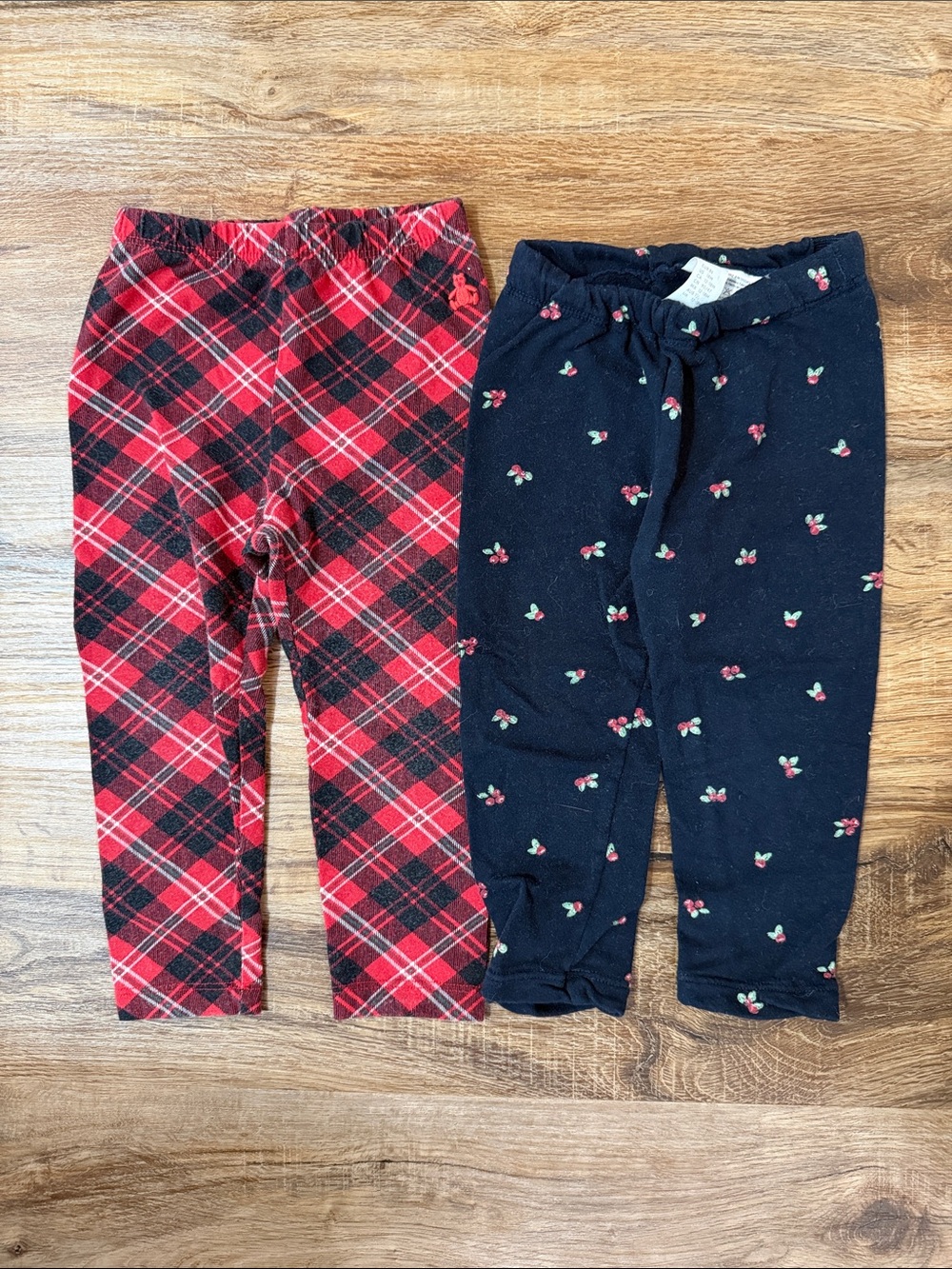 Toddler Girls Cotton Holiday Leggings Red Plaid & Navy Print Bottoms - 2 Pack